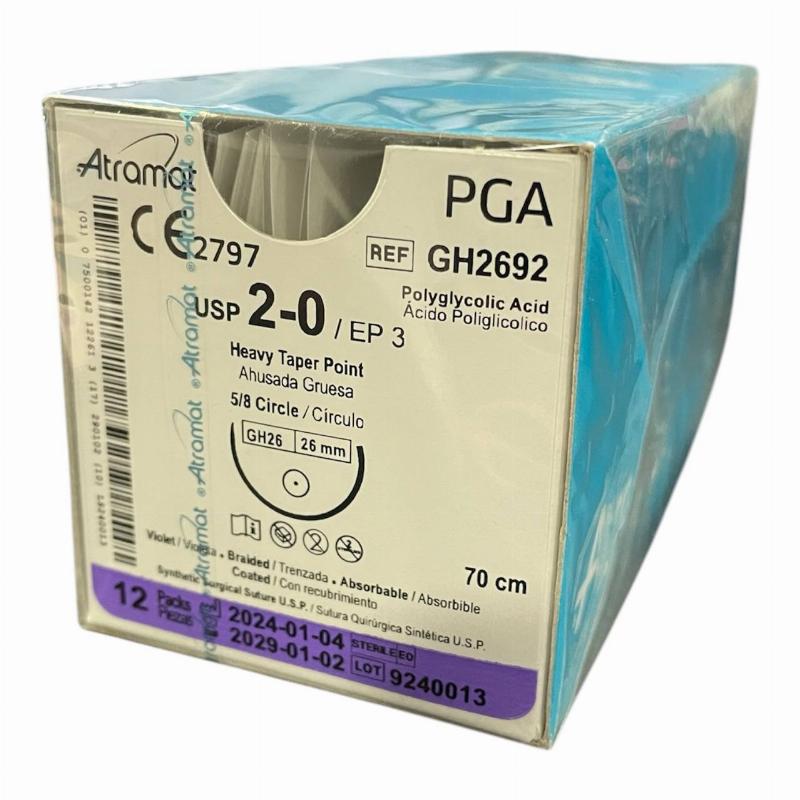 Полігліколід (PGA) плетений фіолетовий, розсмоктується USP 2-0 (EP3) зі зворотн.-ріж. голкою 26мм, 5/8 кола, довж. нитки 70см